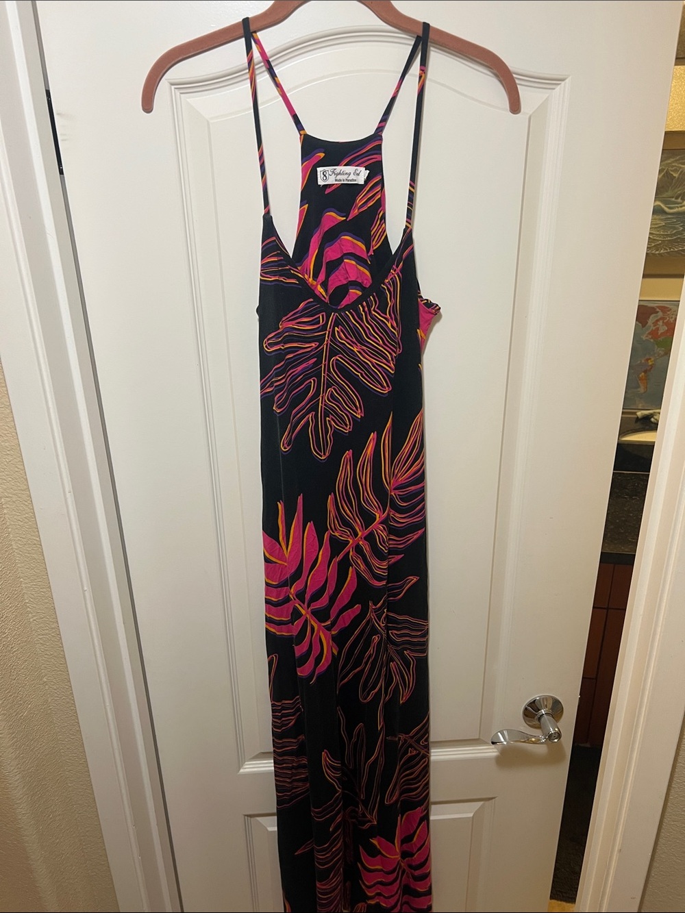 Fighting Eel Black Slip Dress with Pink, Orange & Purple Leaf Accents